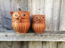 Pair Vintage Owl Woven Basket Wicker Rattan Trinket Little Storage Boxes