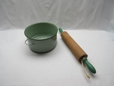 Vintage green enamel steamer pan bain marie insert & wooden rolling pin