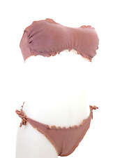 Rose Gold Bikini Shiny Lettuce Hem Swimsuit Bandeau Top Tie Bottoms Frill UK 12