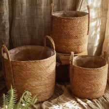 Natural Straw Woven Basket With Carry Handles -planter & Laundry Basket