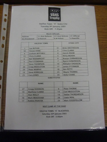 2001 teamsheet halifax - teamsheet:,