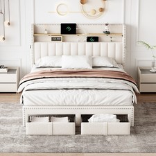 4Ft6 Linen Upholstered Double Bed With Headboard Storage Drawers Charging Ports