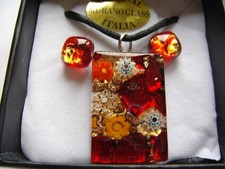 Original Murano Glass Italia Red Gold Millefiori Pendant Necklace and Studs