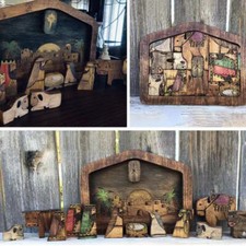 Wooden Statue Nativity Scene Set Baby Jesus Holiday Crib Figurines Decor Puzzle