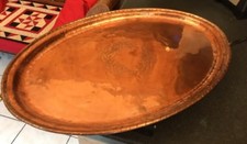 Antique Signed Arts & Crafts Hugh Wallis Oval Copper Tray Floral Medallion C1900
