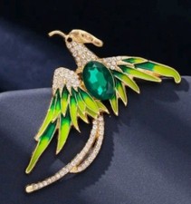 Green Enamel Bird Brooch Gold