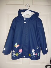 M&S Girl's Blue Waterproof Fleece Lined Rain Jacket with Hood age 4-5 Years
