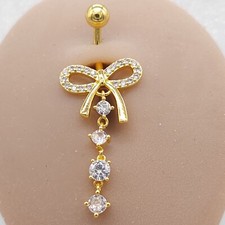 Belly Bars Button Piercing Bar Dangle Navel Body Jewellery Gem Ring Gold Bow