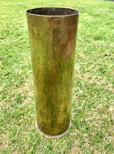 World War One trench Art vase brass shell has floral decoration dated 1916 1917 