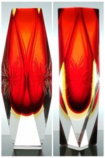 Mandruzzato, Vintage Murano Sommerso Faceted Glass Vase with Starburst 