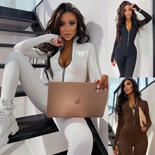 Womens Ladies Zip V Neck Jumpsuit Party Bodysuit Rompers Unitard Leggings Pants