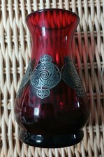 Laugharne Cranberry Ruby Red Small Vase with Celtic Symbols. Made In Wales