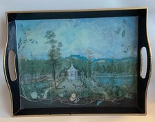 Vintage Black Art Serving Tray Chinese Pavilion In an English Garden W38x28x4cm