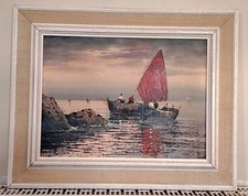 Lovely Mid Century Continental School Oil On Canvas Fishing Boats - Vintage 