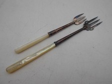2 x Vintage Mother of Pearl Hallmarked Silver Pickle Forks - Charles Horner