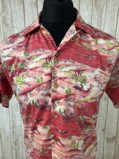 Replay Shirt Mens Oriental Hawaiian Shirt Cuban Collar Medium Red Pink Fishing