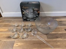 Arcoroc Aspen Glass Punch Bowl Set with 8 Cups & Ladle Vintage