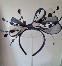 Navy Blue & Cream Flower Feather & Diamante Fascinator On Thin Metal Headband