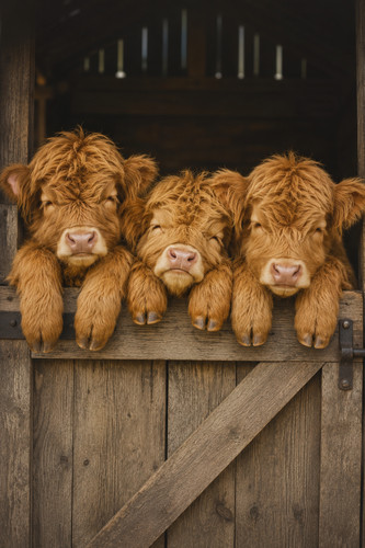 Sleepy highland calves leaning - sleepy,