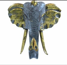 WOOD ELEPHANT HEAD Gold & Grey Wall Mounting Hanging Home Decor Wall Art