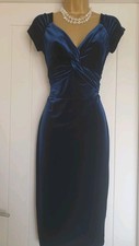 Vintage 1950s Style Stretch Navy Velvet Christmas Party Wiggle Dress Size 16 18