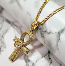 Egyptian Ankh Pendant Key Of Life Eye Of Horus Cuban Link Chain 18k Gold Layered
