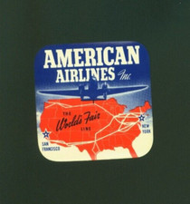 American Airlines Inc. The World's Fair Line Vintage Gummed Luggage Label
