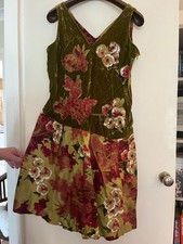 Renato Nucci crushed green velvet and silk gold, red floral dress Size 16 