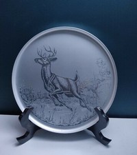 Large Deer Reindeer Pewter Round Plate Tray with Wooden Stand 40 cm