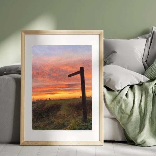 Rural lane sunset watercolour - lane,