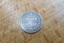Queen Victoria, very nice 1860 antique silver three pence coin.