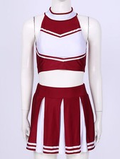 UK Womens Crop Top Pleated Skirt Bowknot Headwear Cheerleading Costume Uniform 