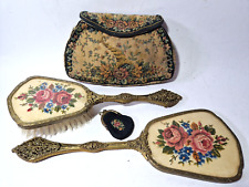 ART DECO PETIT POINT EMBROIDERY HAND MIRROR & HAIR BRUSH, HANDBAG & COIN PURSE
