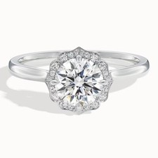 2.60 TCW Round Cut Moissanite Lotus Halo Engagement Ring 14k White Gold Plated