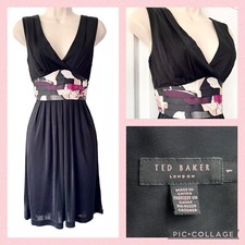 TED BAKER Pleated Dress - Size 8 10 - Silky Fit and Flare Tie Waist Floral Band