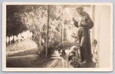 RPPC Dog Border Collie by St Francis Statue in Garden c1940s Teignmouth