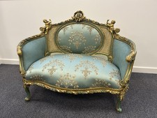 French Rococo Settee Sofa Two Seater with Carved Cherub Rattan & Silk Upholstery