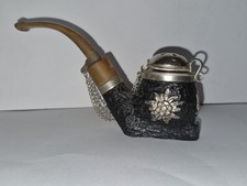 Vintage Swiss BBK Pipe With Sunflowers, Bull, Vented Lid And Chain