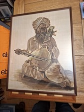 Vintage Watercolour On Papyrus Style Paper Signed Rajasthani Sarangi Player