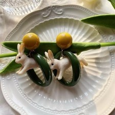 Handmade Jumping Bunny Rabbit Hoop Dark Green Mustard Earrings s925 silver posts