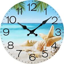 Tropical Beach Seashells Wooden Clock, Blue Sea, Silent Clock, 30cm - STUNNING