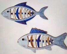 2 Large FISH SWIMMING 2D rustic Vintage Wood WALL HANG Mount Decor see Pics 