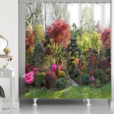 Shower Curtain 3D Garden View Flowers Trees Outdoor Nature Scenery Waterproof