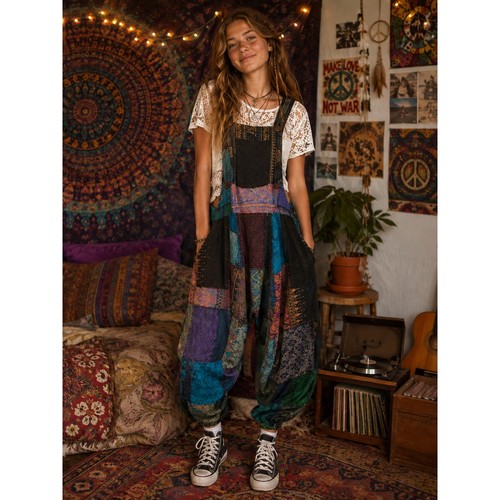 Women patchwork bib overall - patchwork,