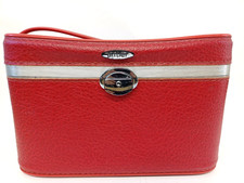 Antler Red Faux Leather Vanity Travel Case Lock Mirror Vintage 1970s 22cm Tall