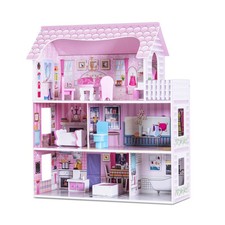 3-Floor Toy Family House Wooden Dollhouse Playset Pink