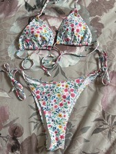 New Ladies Shein White & pink Pretty Flowers Ditsy String Triangle Bikini 12 14