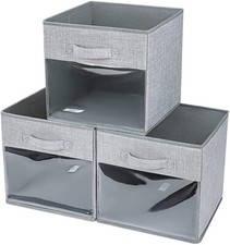3 Pack Foldable Storage Boxes With Transparent Window, Fabric Storage Cubes With
