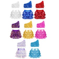 Kids Girls 2 Piece Dance Outfits Sets Sequins One Shoulder Crop Top with Skirt