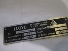 Type plate Lloyd LS 600 4-speed 875 kg sign plaque ID-plate s36